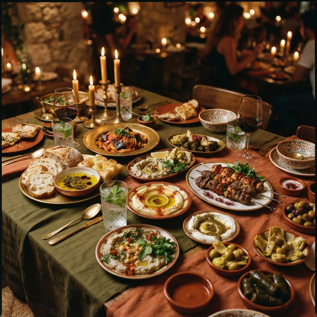 A lavish Italian and Arab fusion table with fresh bread, pasta, mezze and grilled dishes